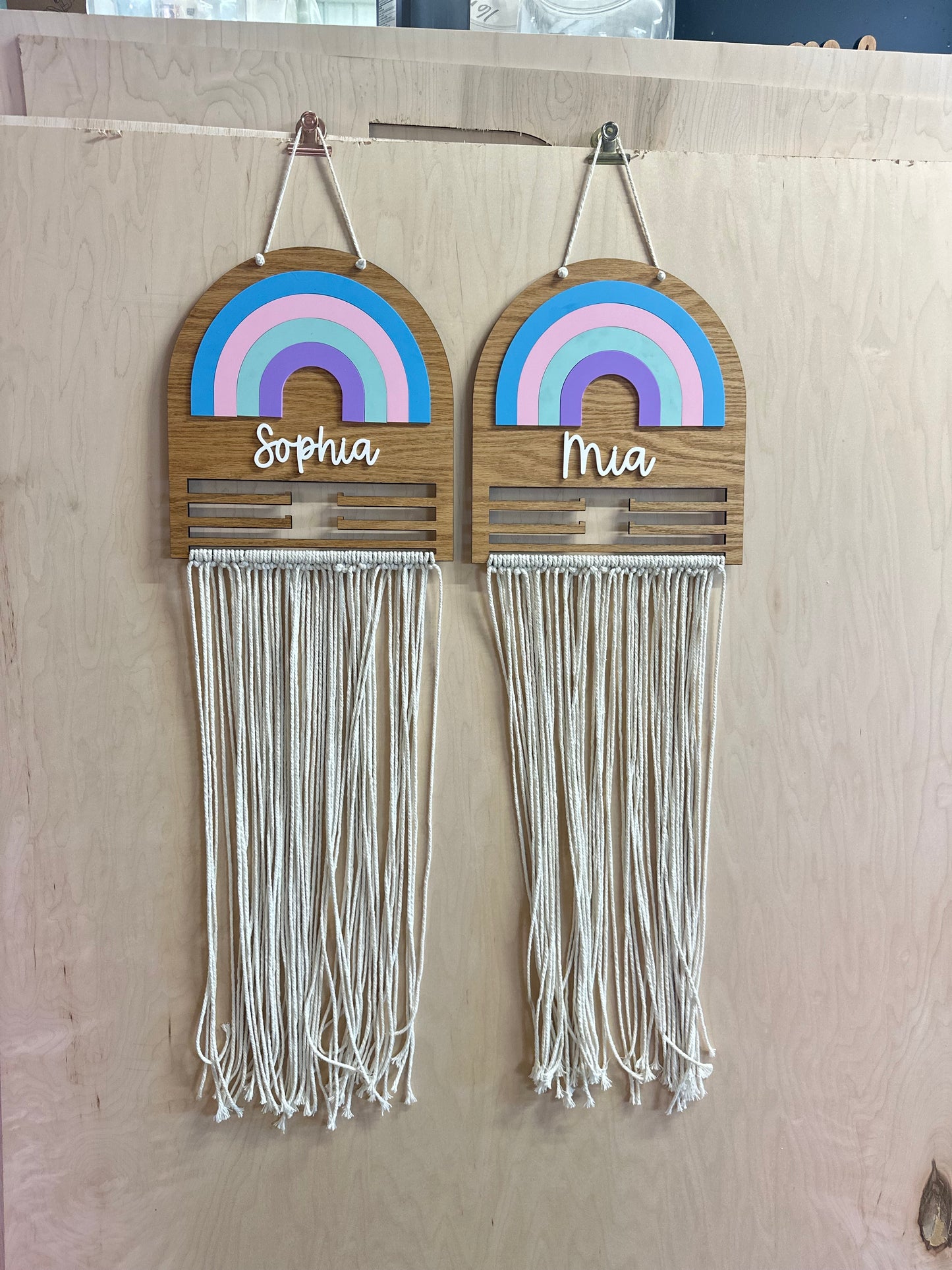 Pastel rainbow macramé bow holder