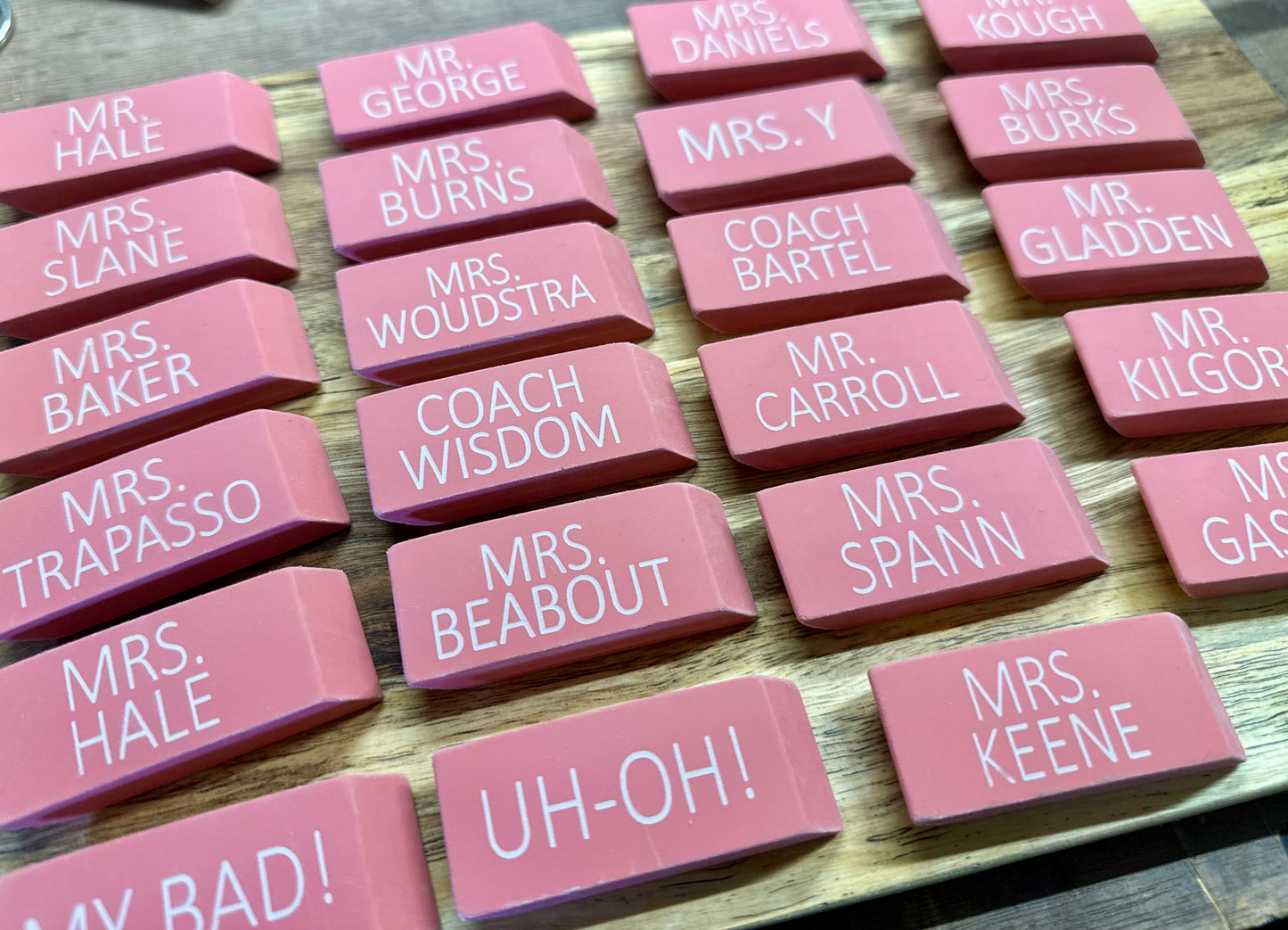 Personalized engraved pink erasers