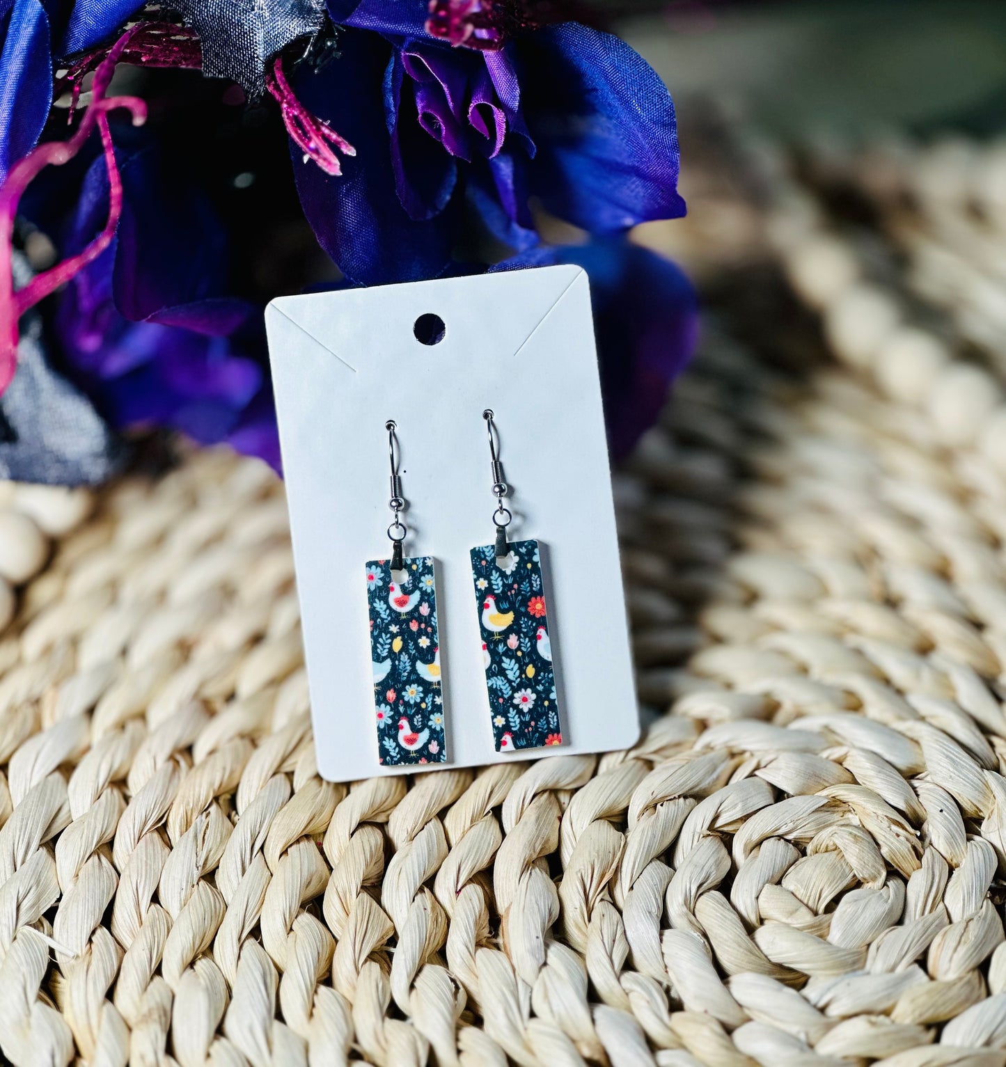 Dangle bar chicken earrings--RTS