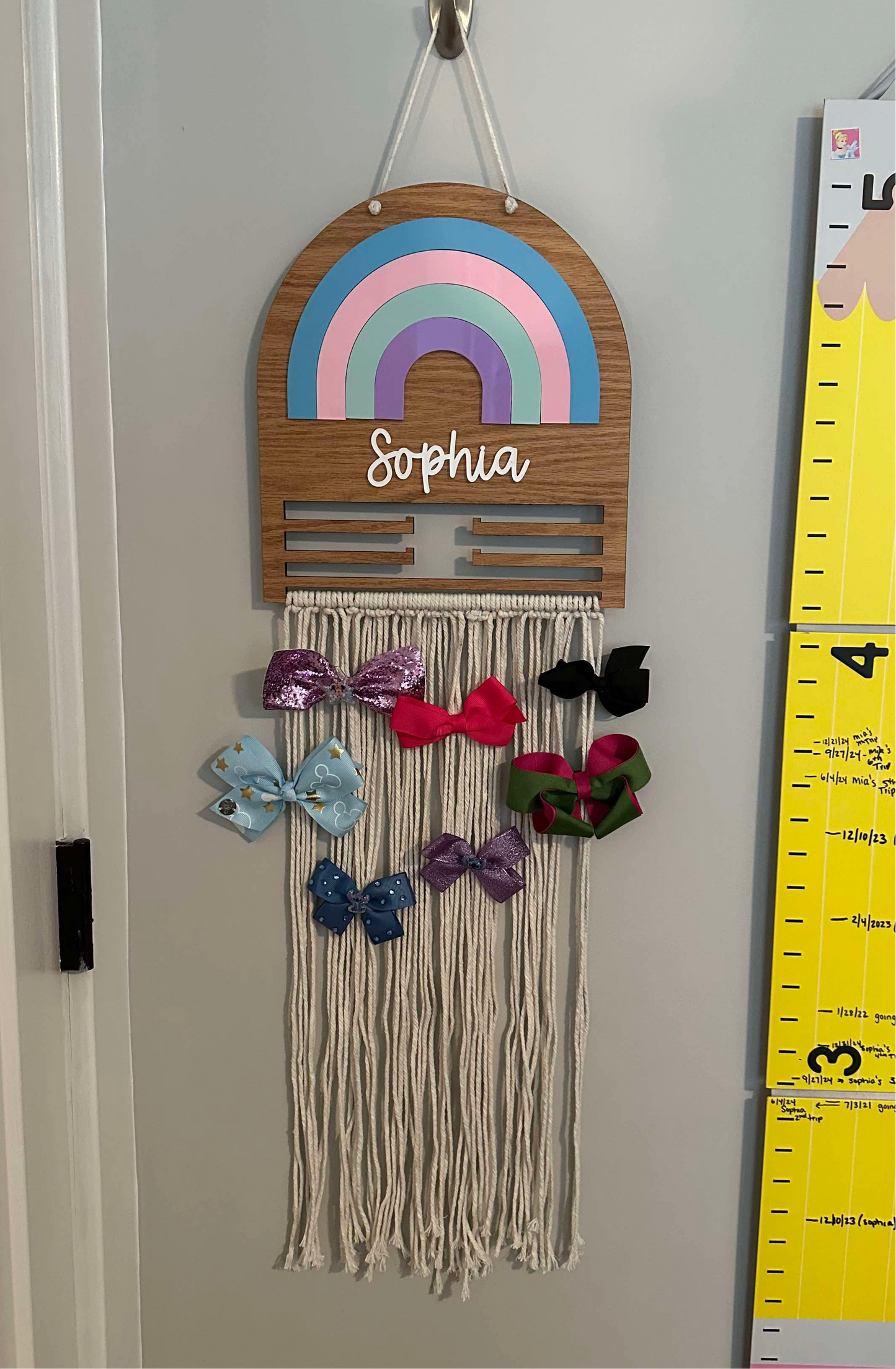 Pastel rainbow macramé bow holder