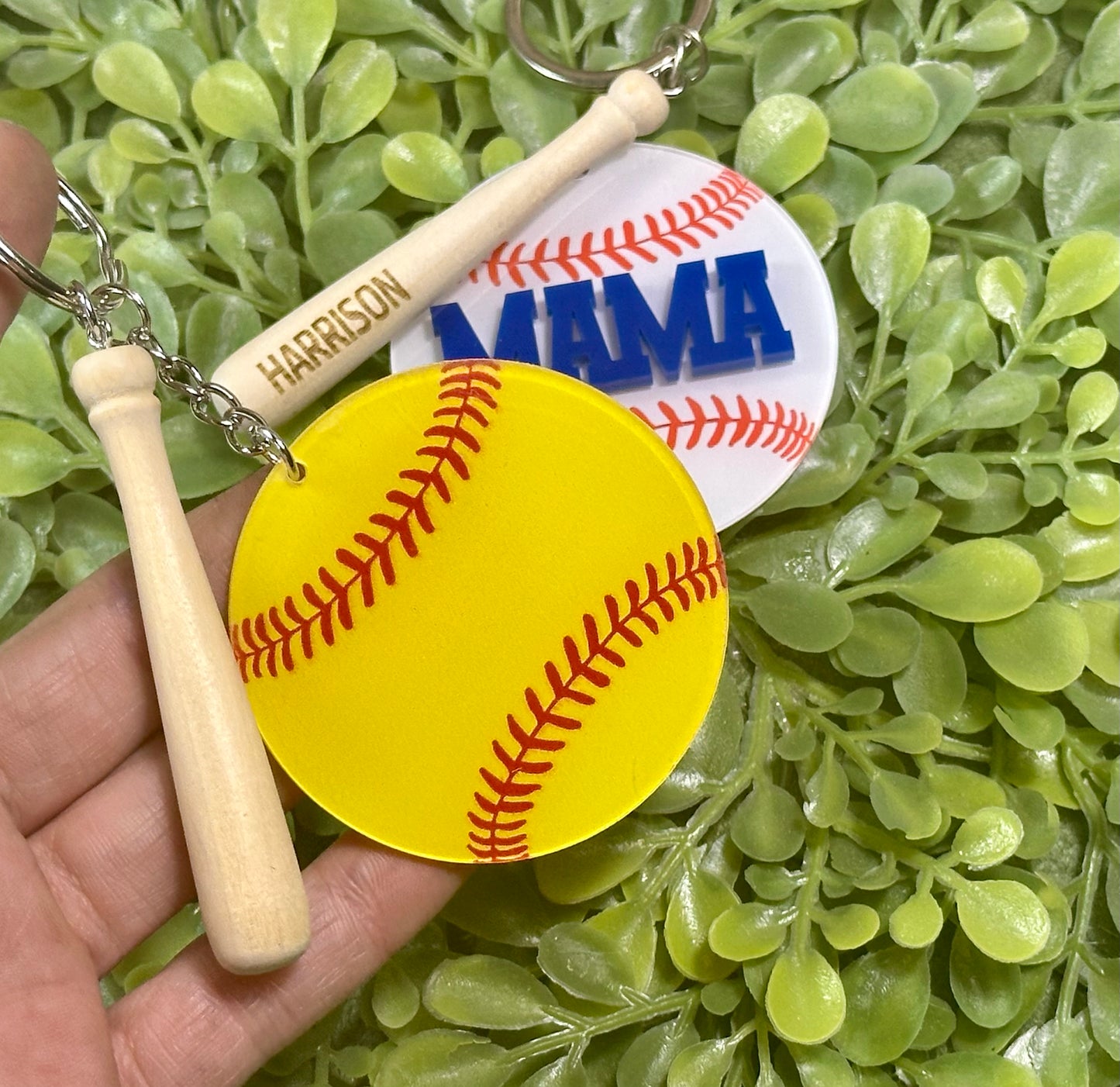 Baseball/Softball keychain with engraved bat