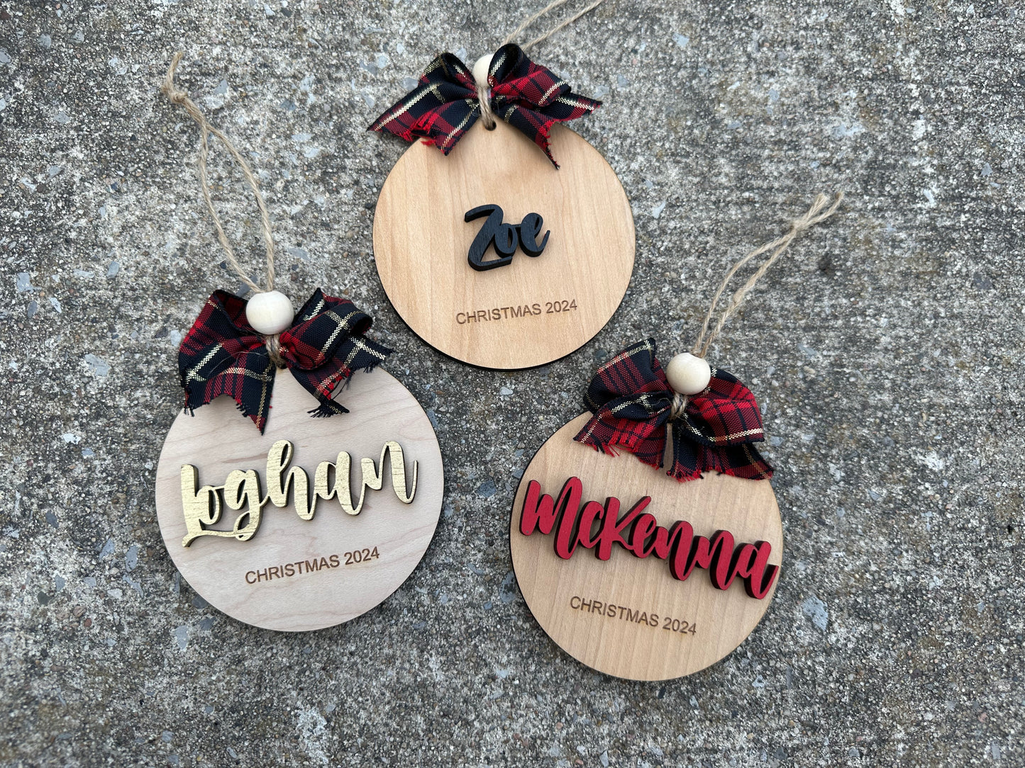 Name Christmas Ornament with plaid ribbon