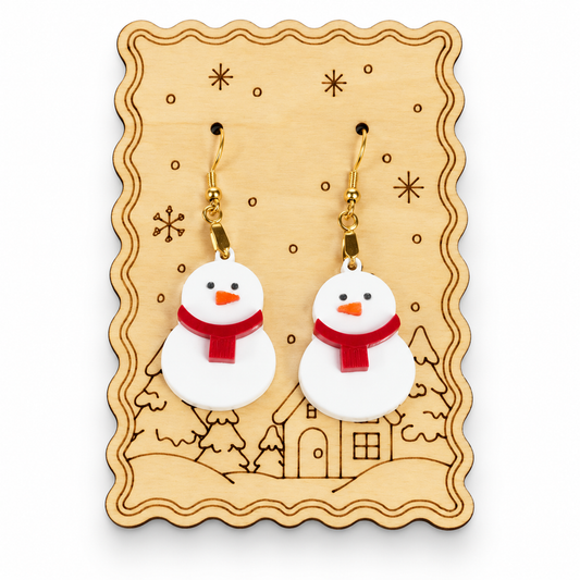 Snowman dangle acrylic earrings with wooden card