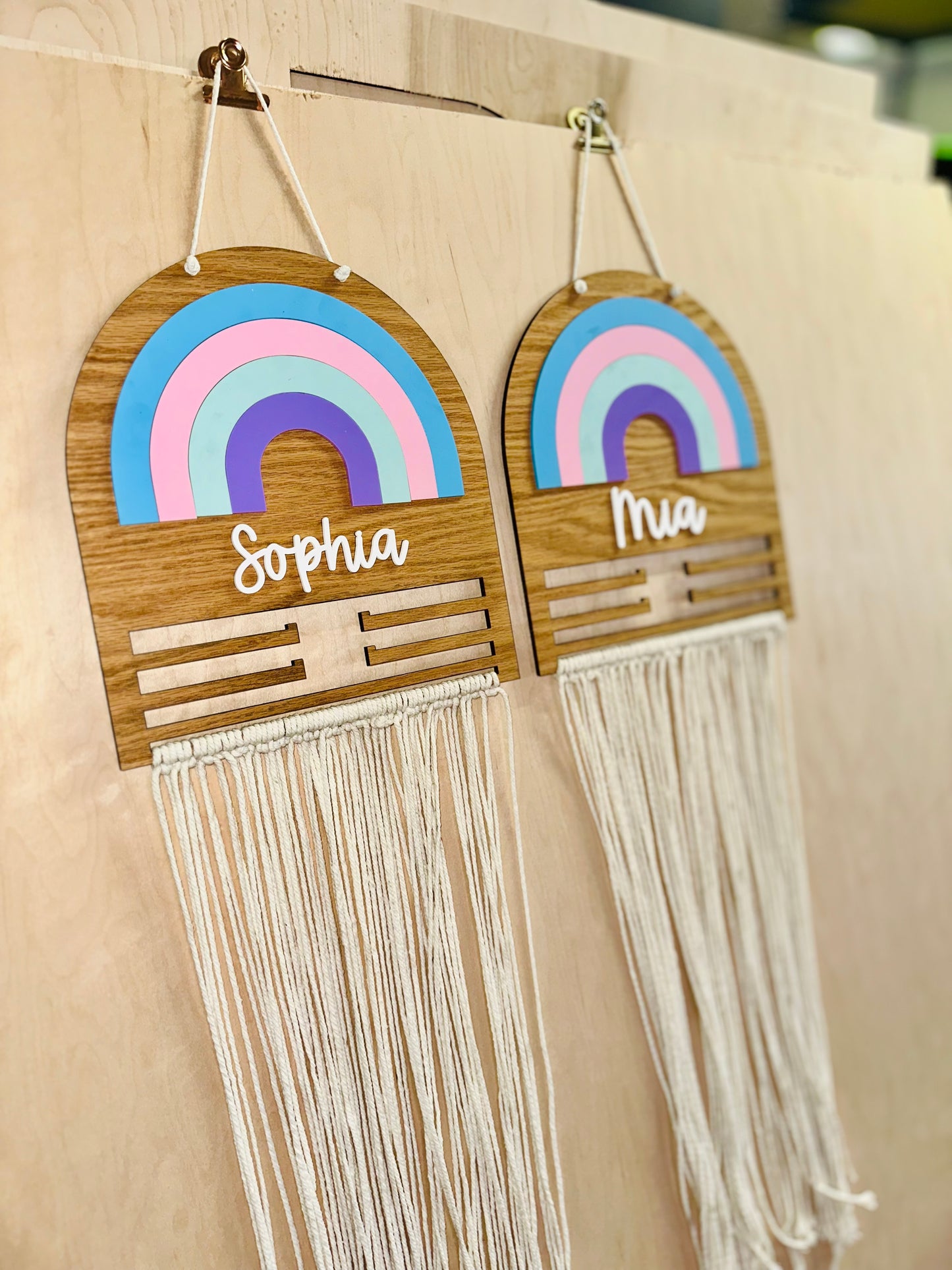 Pastel rainbow macramé bow holder