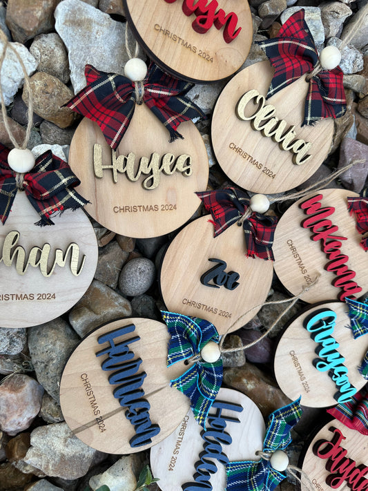 Name Christmas Ornament with plaid ribbon