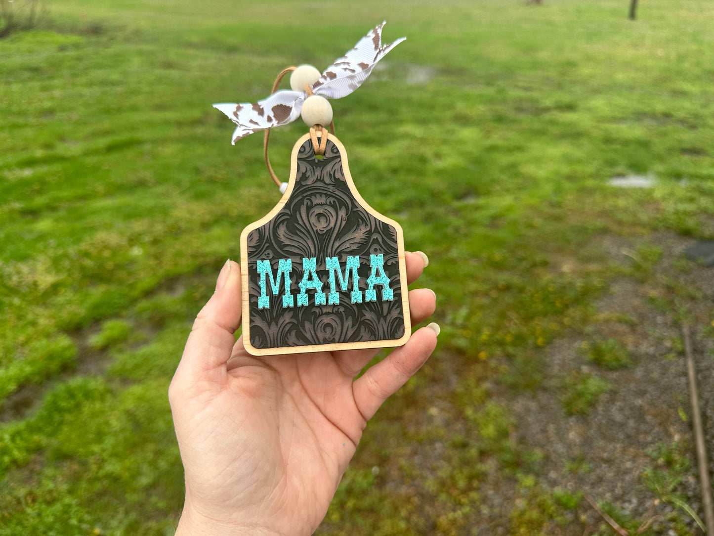 Cow tag + leather & acrylic Car charm
