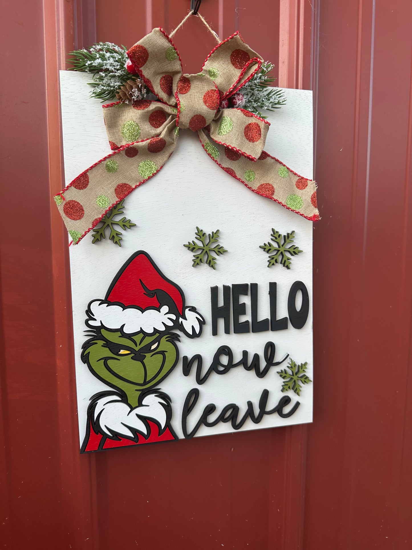 Hello now leave green man door hanger