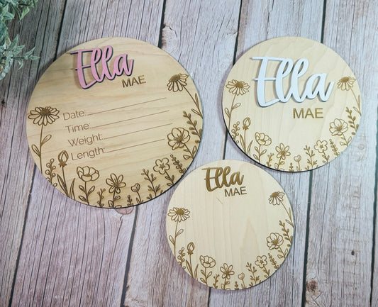 Floral engraved birth stat announcement