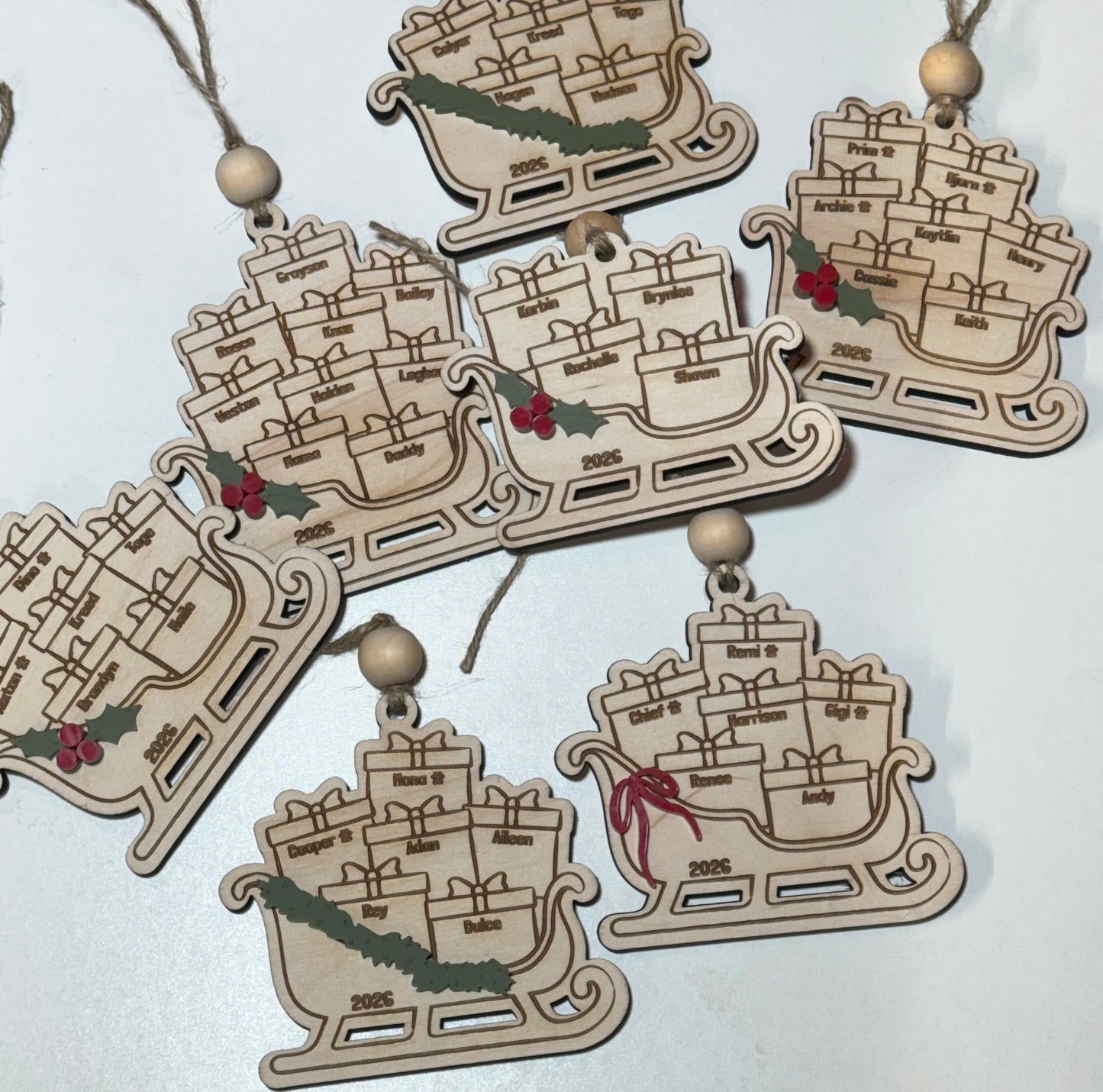 Sled family ornaments
