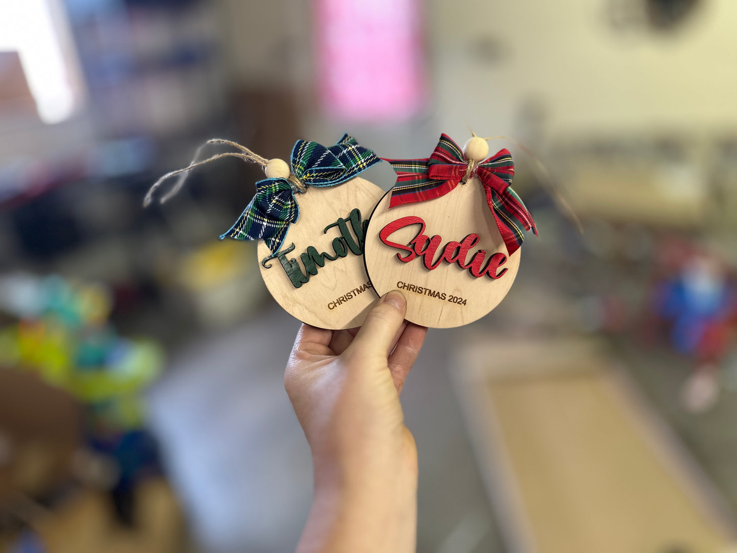 Name Christmas Ornament with plaid ribbon