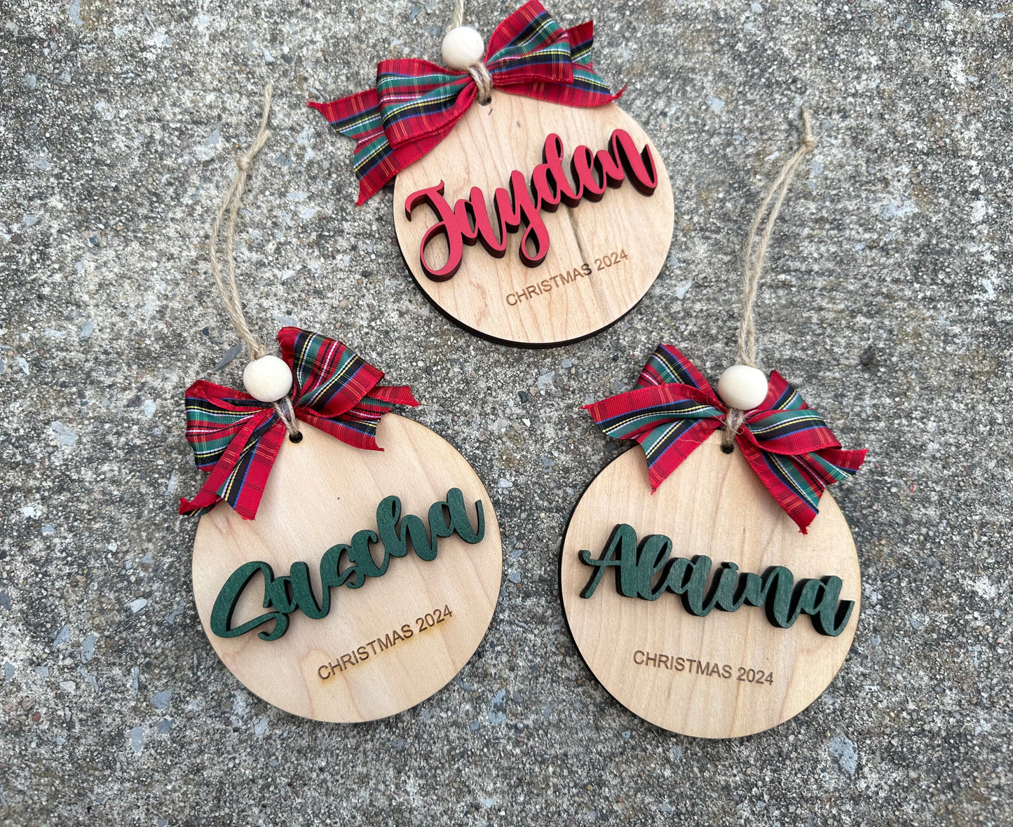 Name Christmas Ornament with plaid ribbon