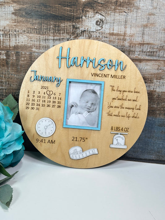 Round 10” birth stats photo frame