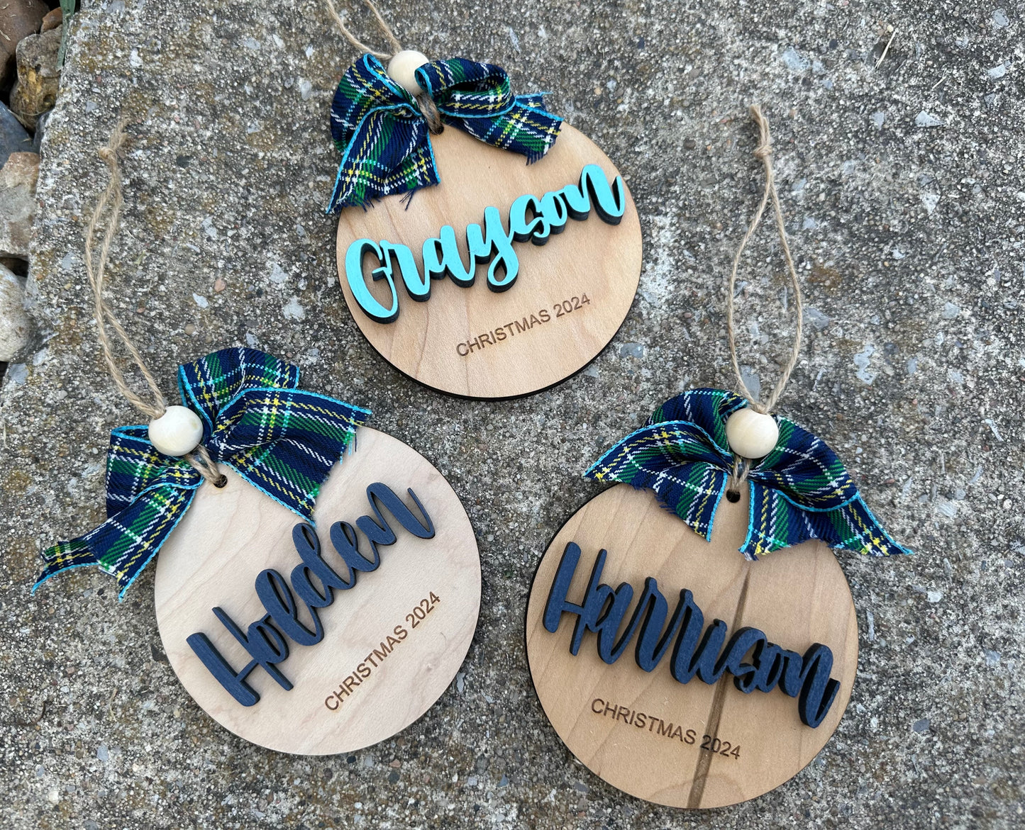 Name Christmas Ornament with plaid ribbon