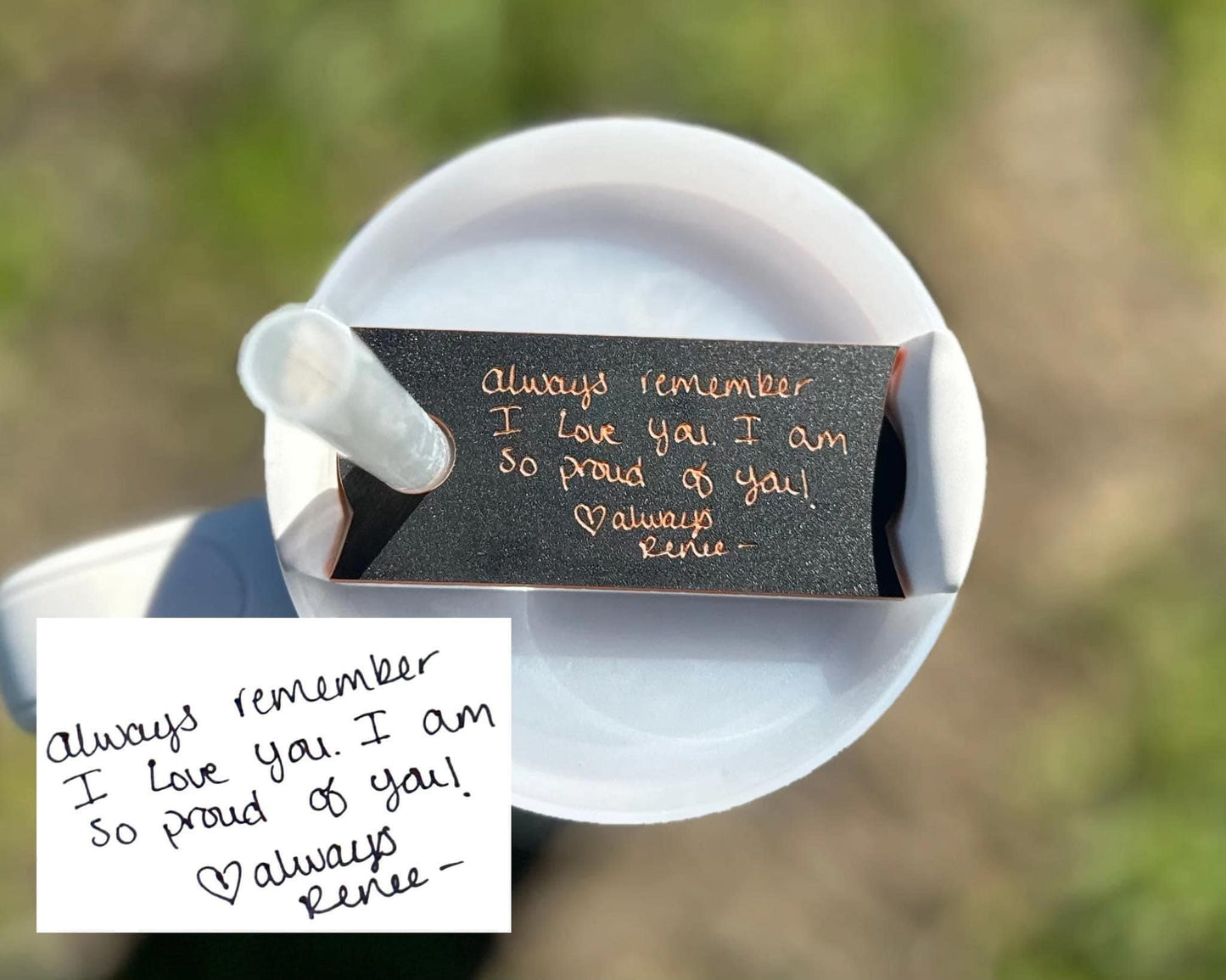 Handwritten note cup toppers for H2.0 quenchers