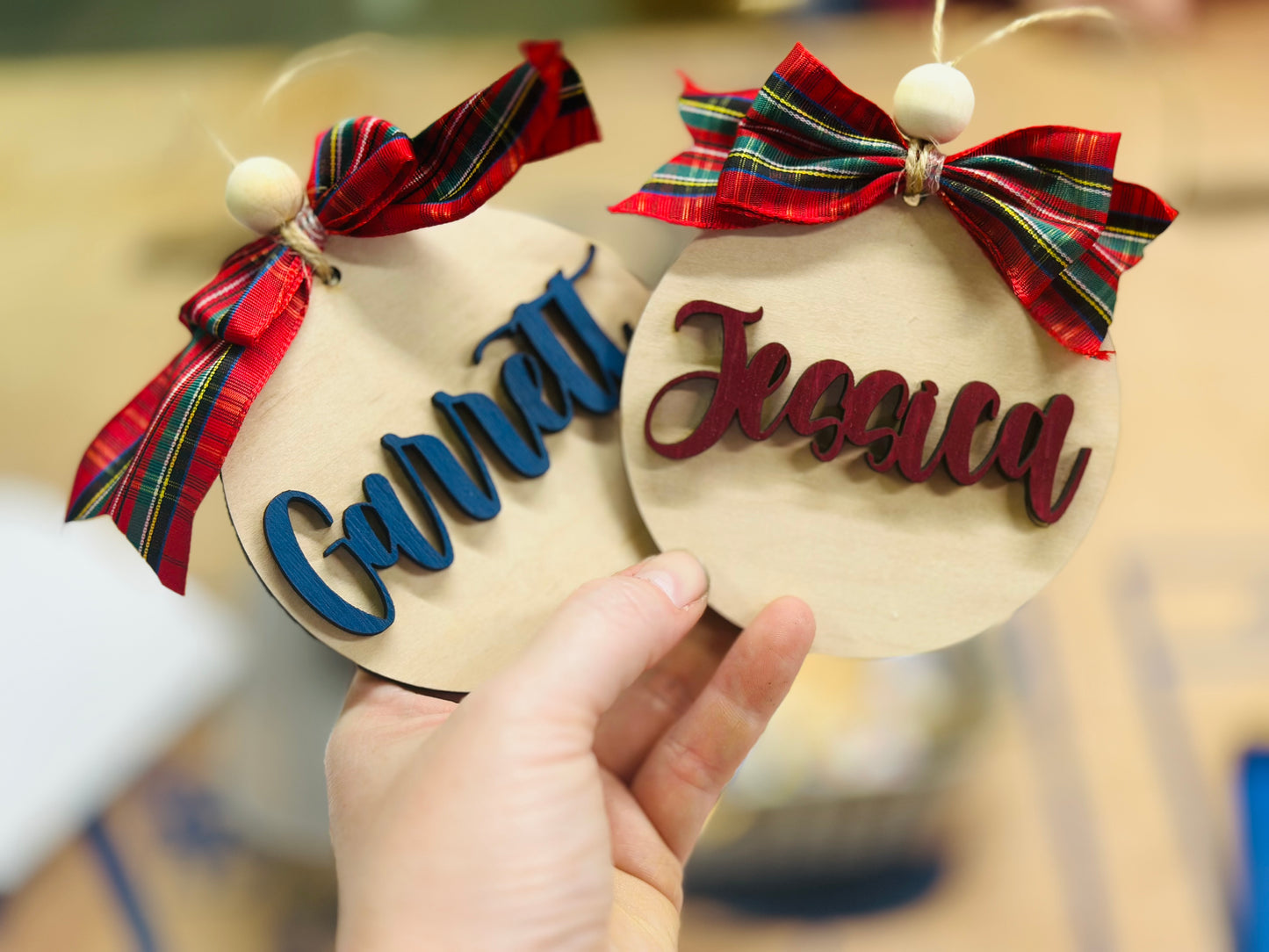 Name Christmas Ornament with plaid ribbon