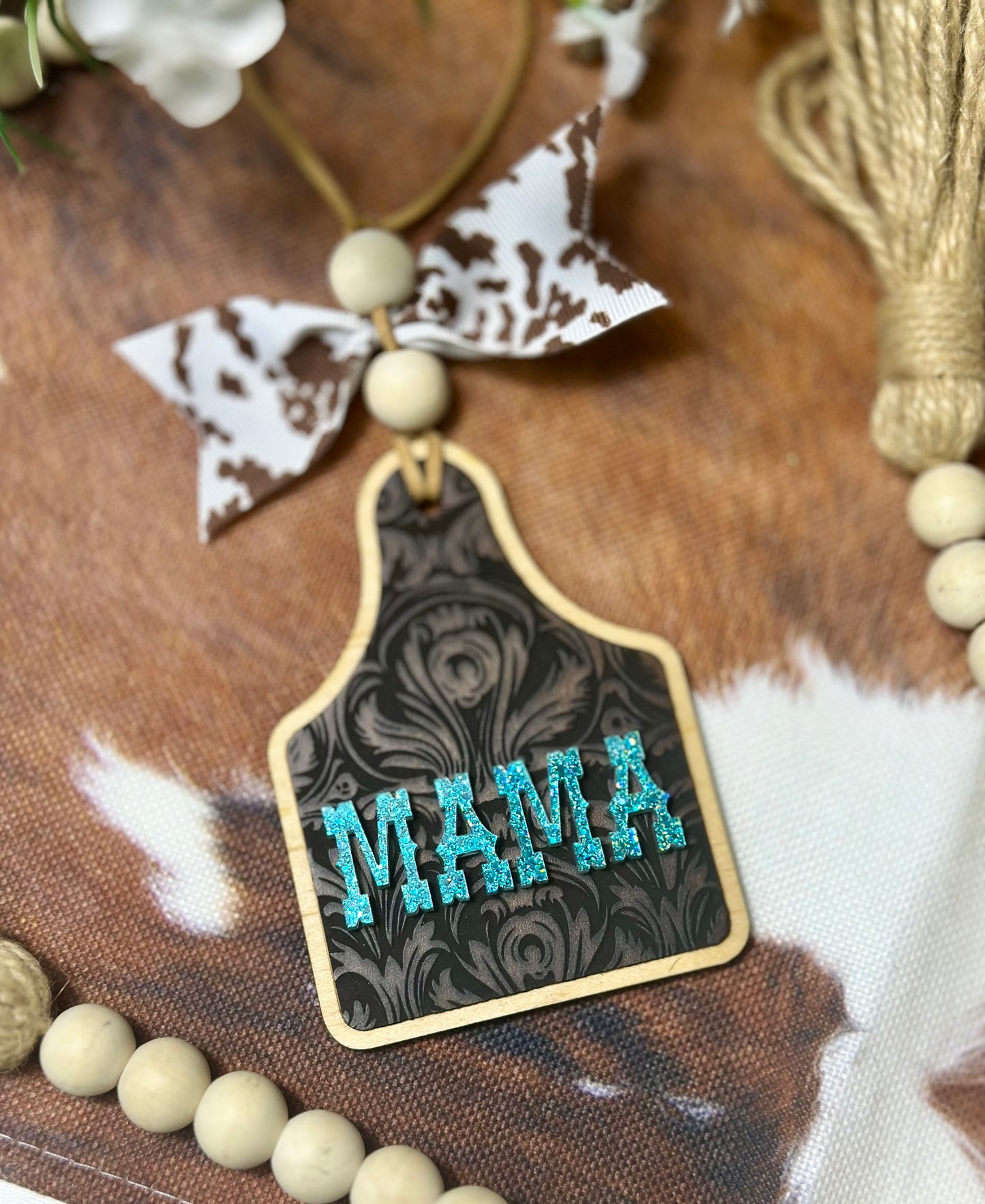 Cow tag + leather & acrylic Car charm