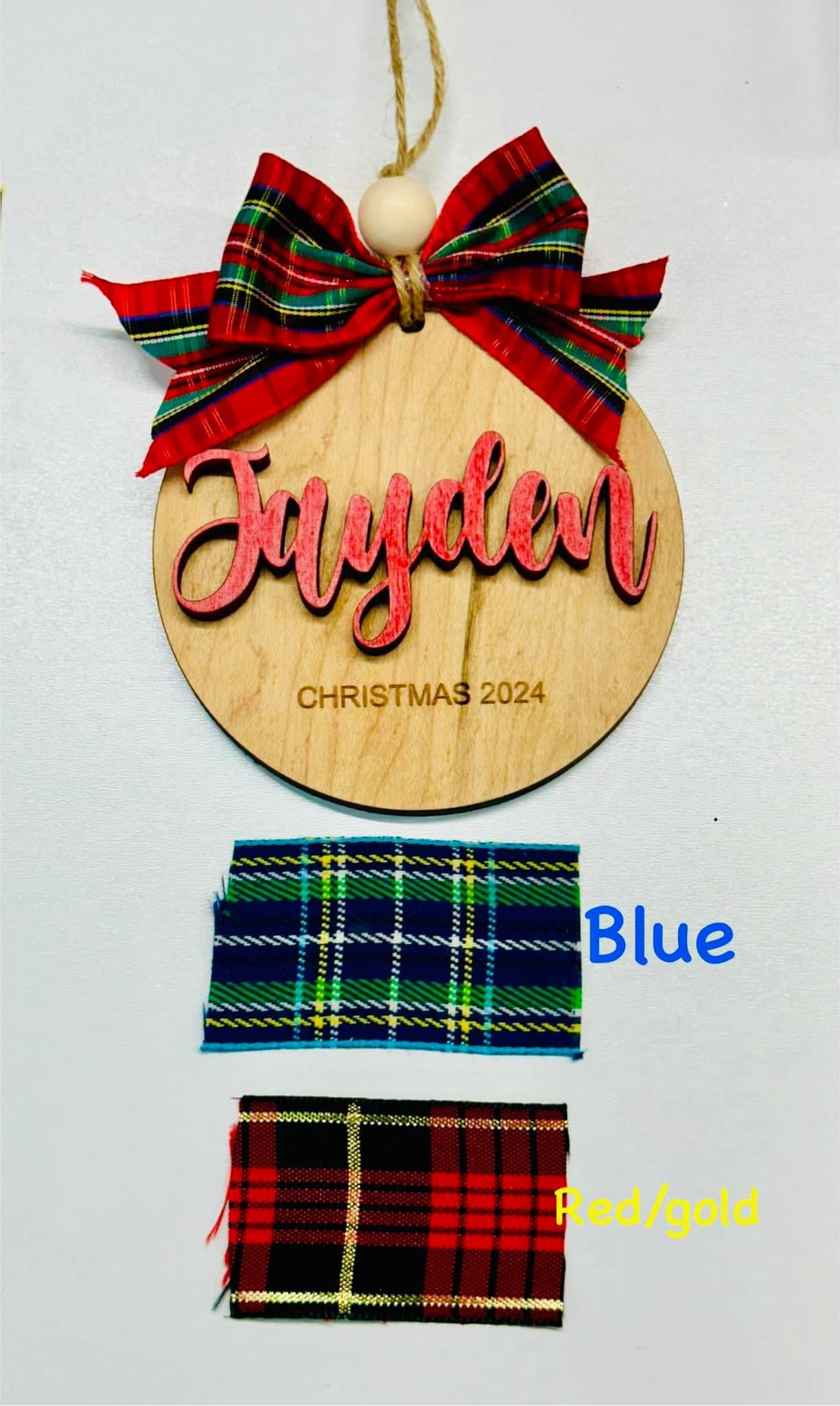 Name Christmas Ornament with plaid ribbon