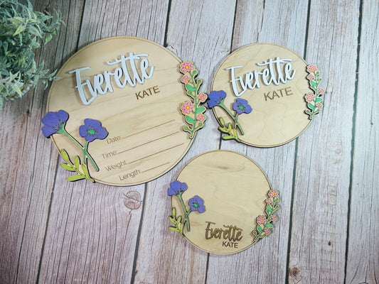 Round raised floral birth announcements