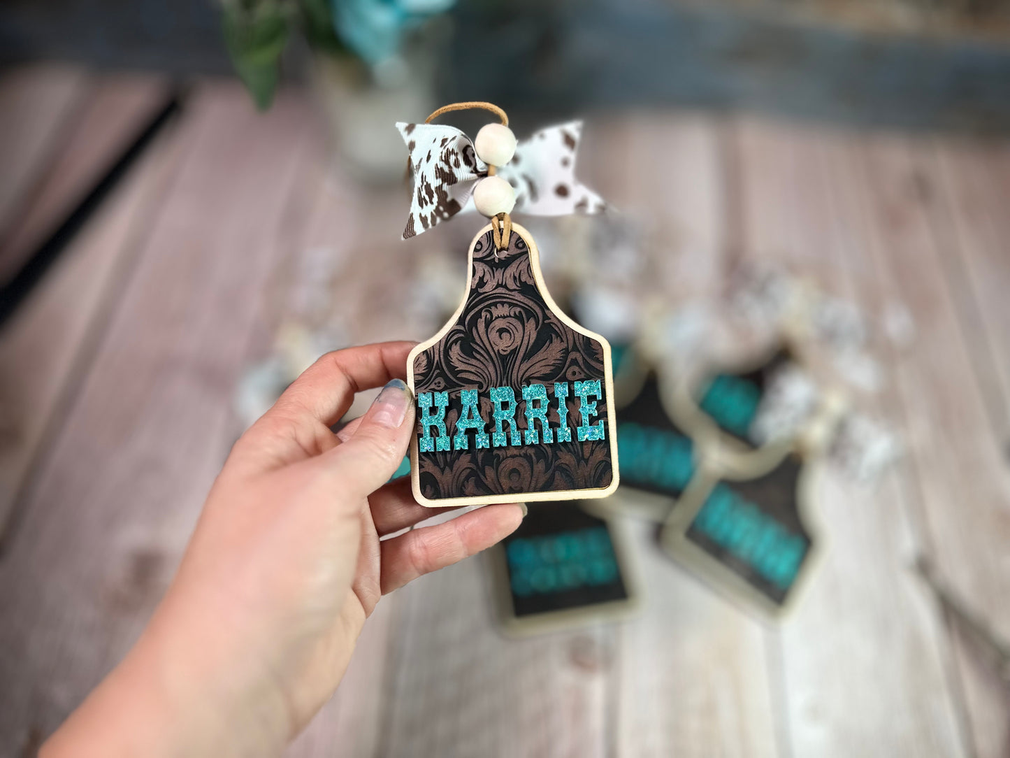 Cow tag + leather & acrylic Car charm