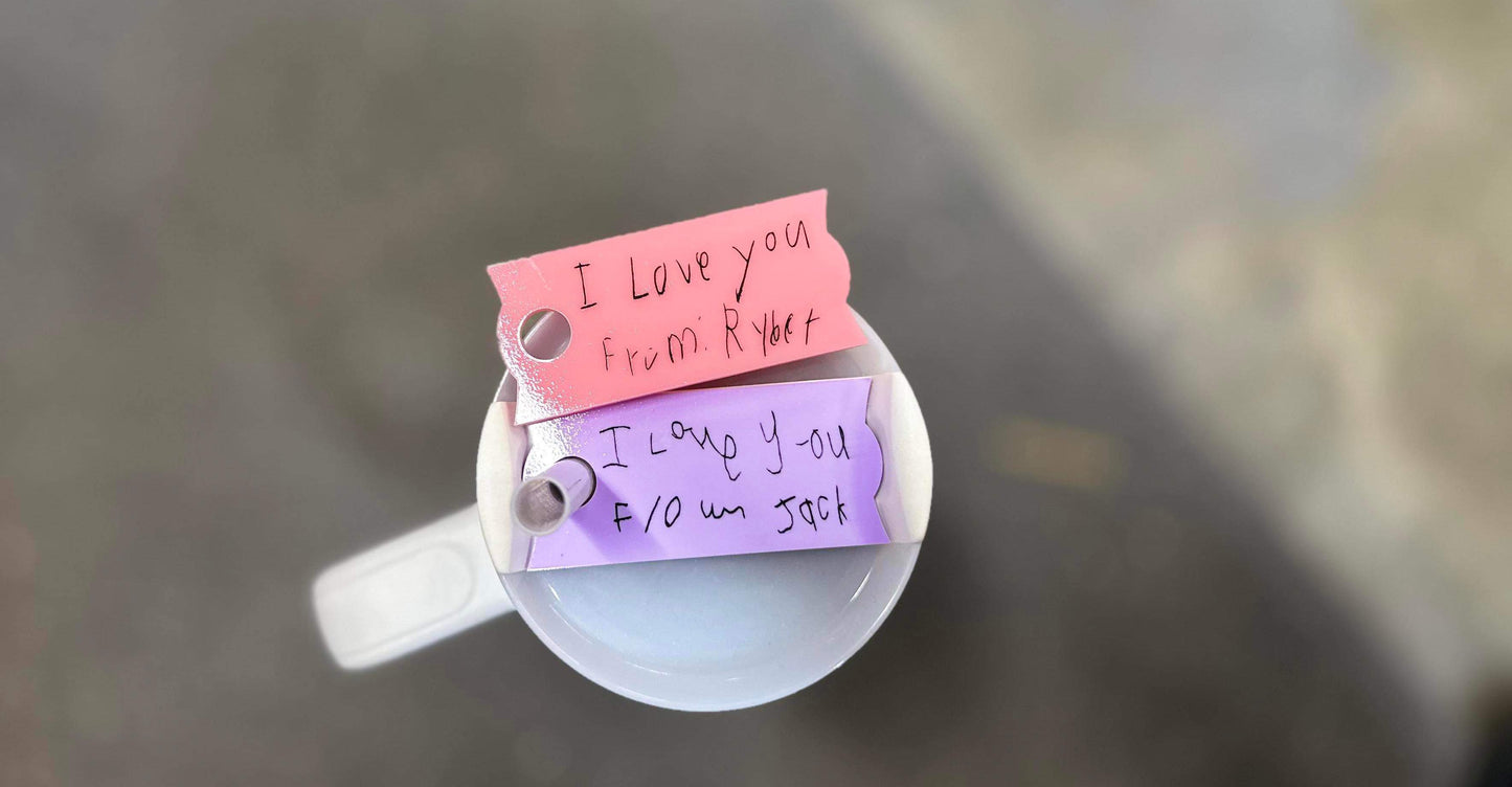 Handwritten note cup toppers for H2.0 quenchers