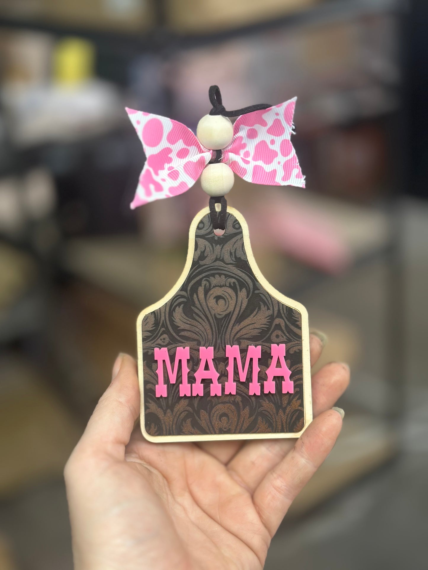 Cow tag + leather & acrylic Car charm