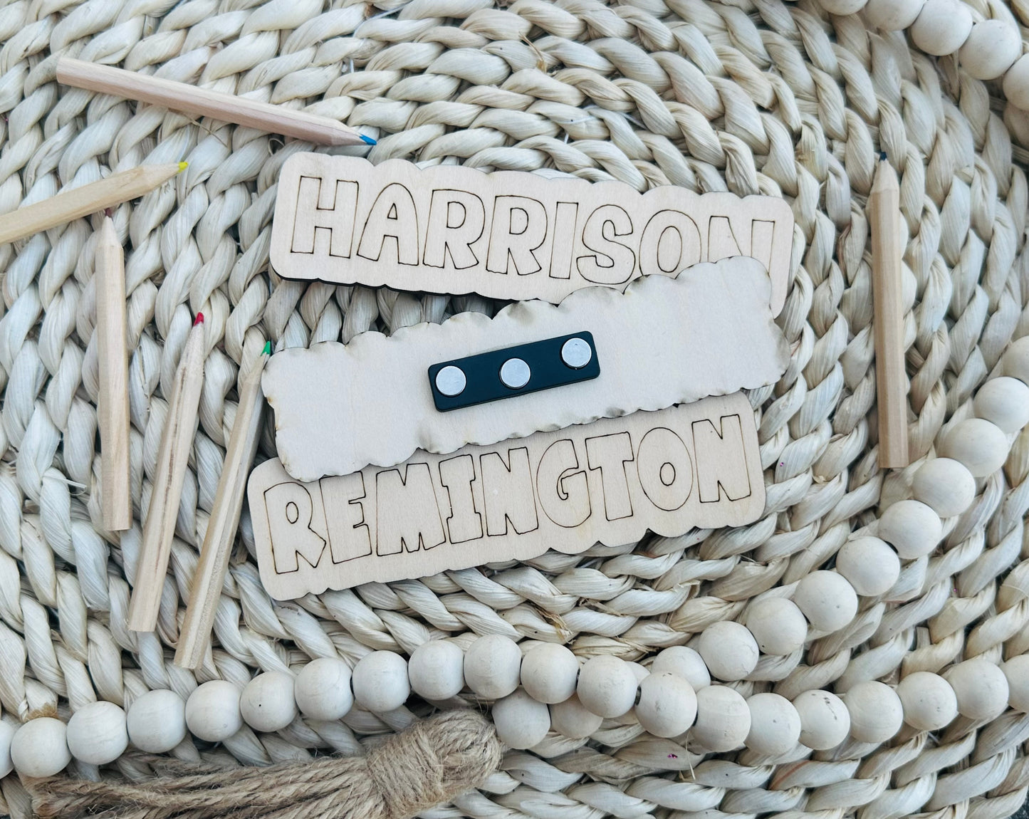 DIY kids name magnets with colored pencils