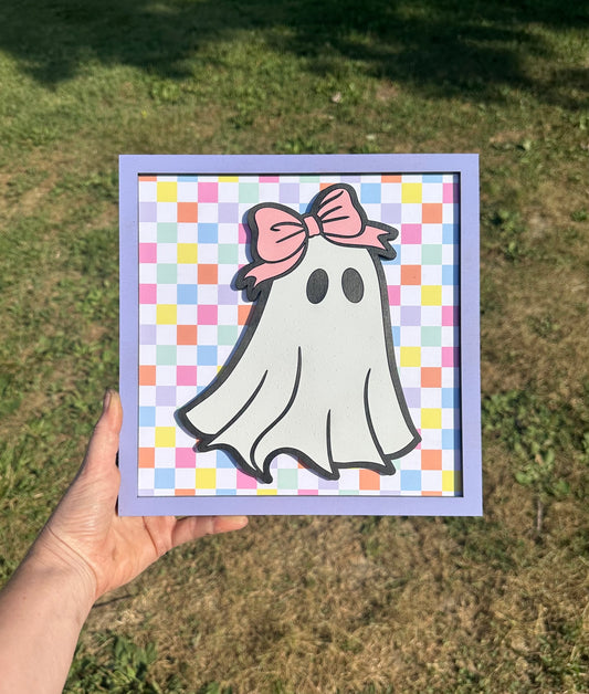 Pastel checkered print girlie ghost 10x10 plaque