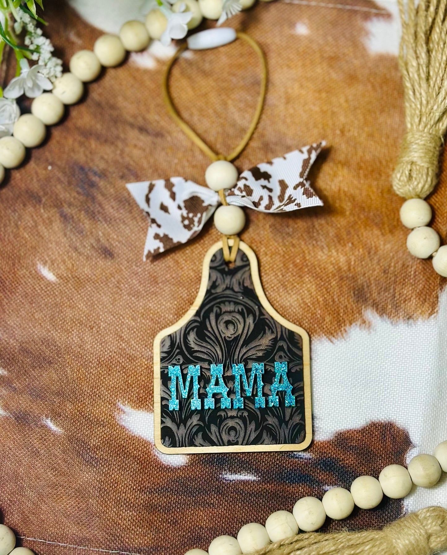 Cow tag + leather & acrylic Car charm