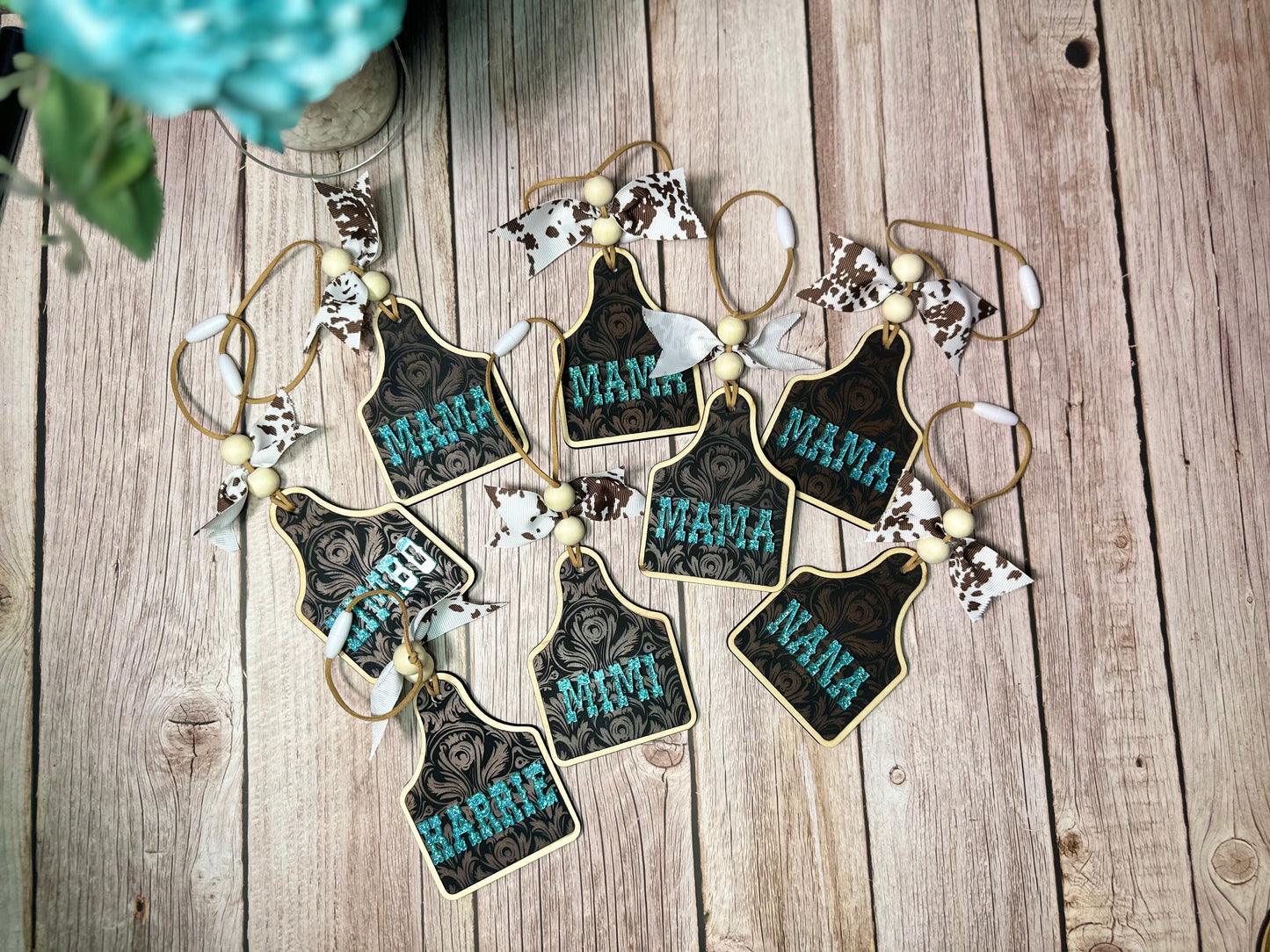Cow tag + leather & acrylic Car charm