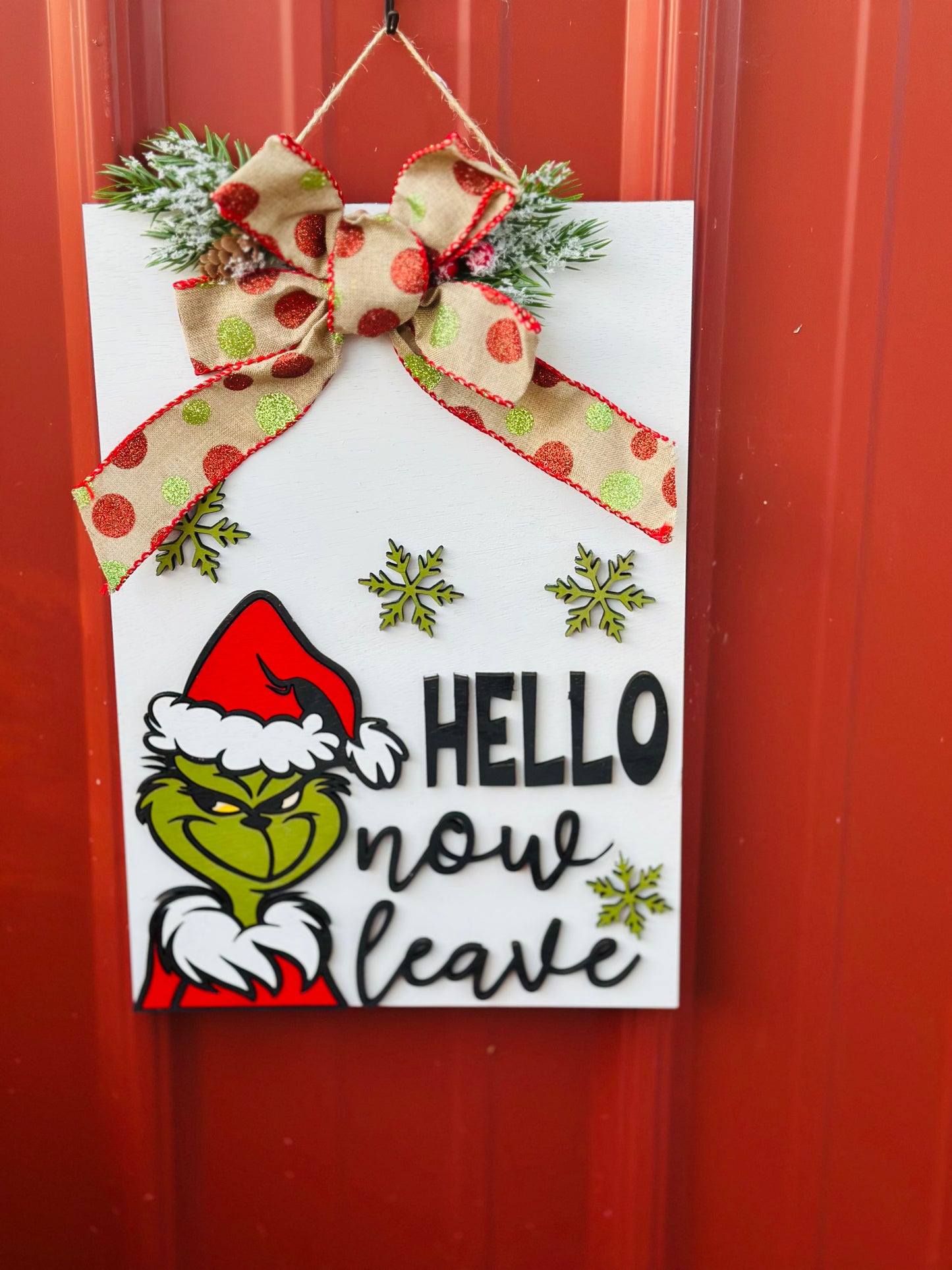 Hello now leave green man door hanger