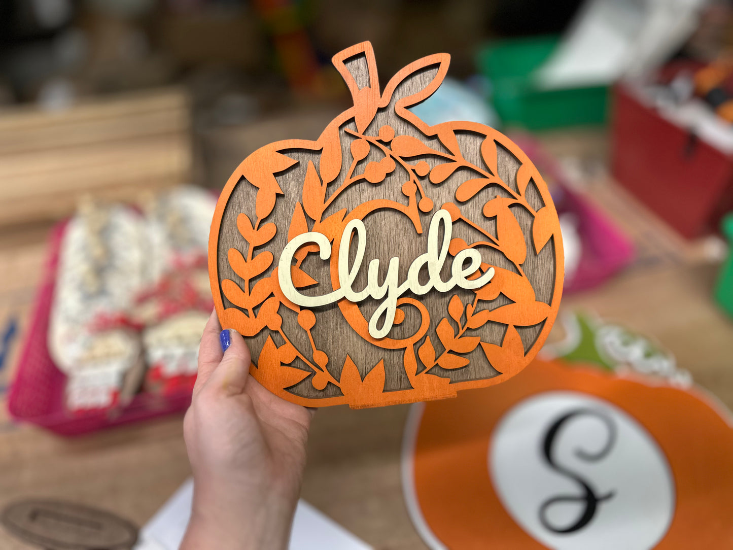 Initial floral pumpkin shelf sitter