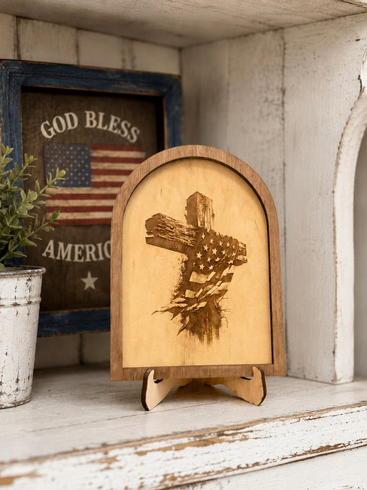 Rustic American flag cross