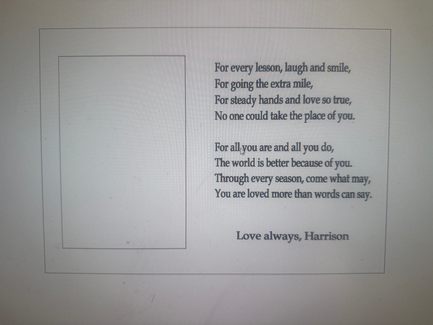 Custom photo frame with poem