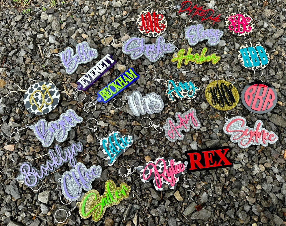 Acrylic name keychains/bag tags Love and Wood