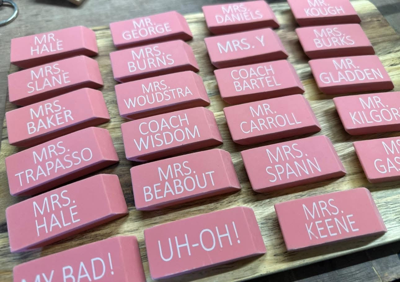 Personalized engraved pink erasers